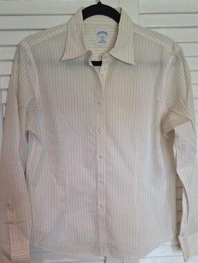 Brooks Brothers Women's White Dress Shirt with Blue and Tan Stripes